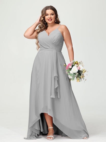 A-Line/Princess Spaghetti Straps Chiffon Ruffles Asymmetrical Plus Size Bridesmaid Dresses with Pockets