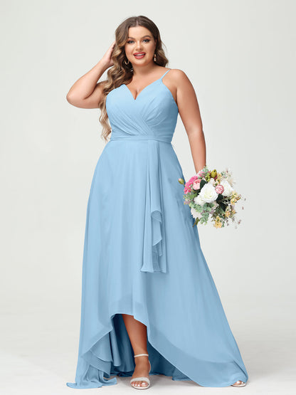 A-Line/Princess Spaghetti Straps Chiffon Ruffles Asymmetrical Plus Size Bridesmaid Dresses with Pockets