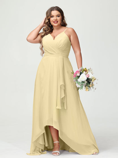 A-Line/Princess Spaghetti Straps Chiffon Ruffles Asymmetrical Plus Size Bridesmaid Dresses with Pockets