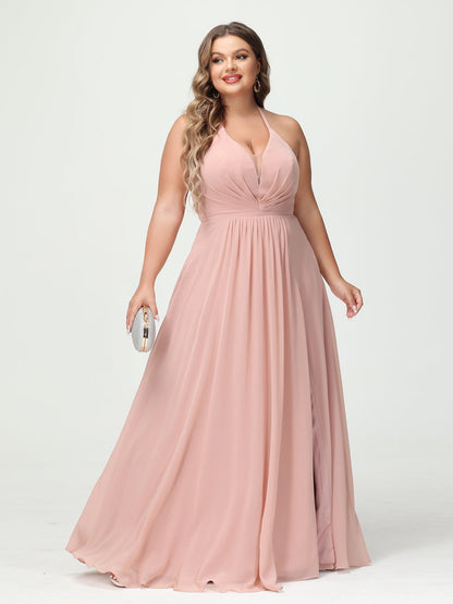 A-Line/Princess Halter Sleeveless Chiffon Ruched Split Side Plus Size Bridesmaid Dresses with Pockets