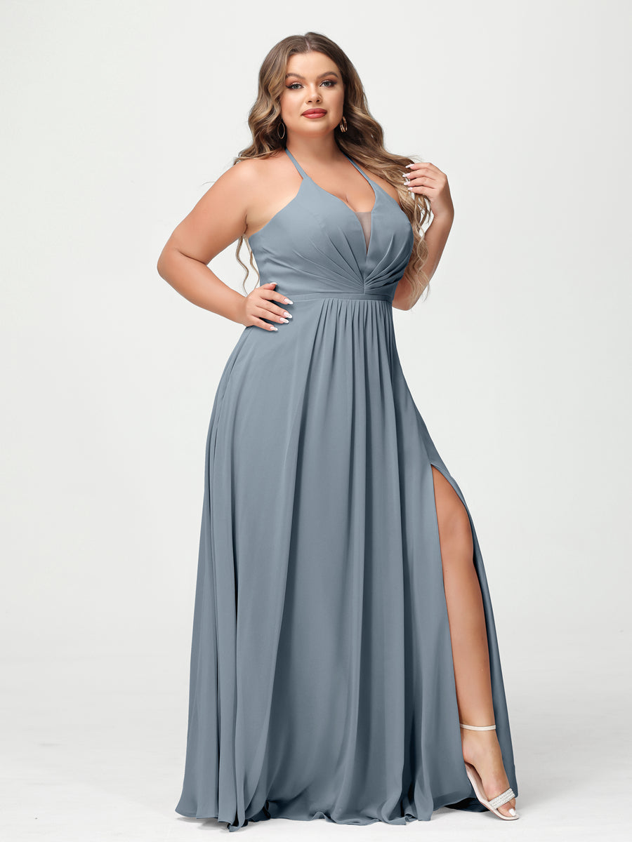 A-Line/Princess Halter Sleeveless Chiffon Ruched Split Side Plus Size Bridesmaid Dresses with Pockets