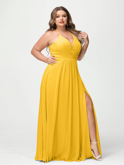 A-Line/Princess Halter Sleeveless Chiffon Ruched Split Side Plus Size Bridesmaid Dresses with Pockets