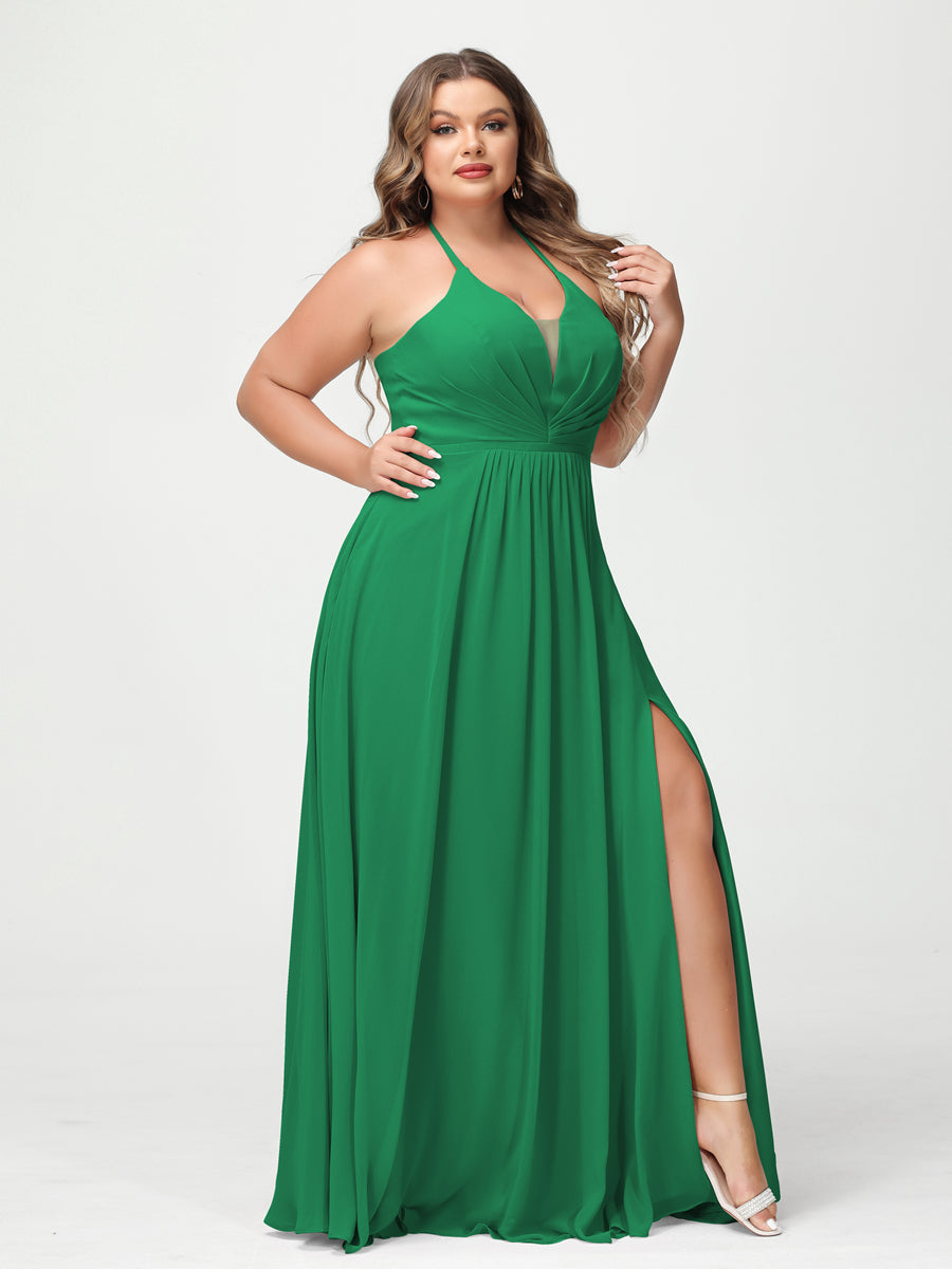 A-Line/Princess Halter Sleeveless Chiffon Ruched Split Side Plus Size Bridesmaid Dresses with Pockets