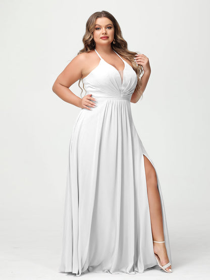 A-Line/Princess Halter Sleeveless Chiffon Ruched Split Side Plus Size Bridesmaid Dresses with Pockets