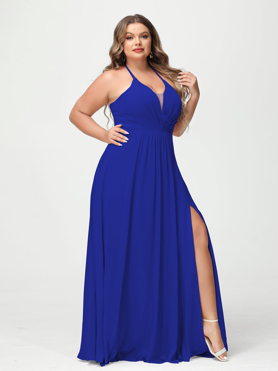 A-Line/Princess Halter Sleeveless Chiffon Ruched Split Side Plus Size Bridesmaid Dresses with Pockets