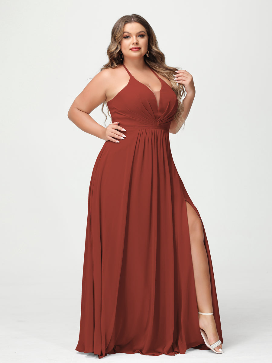 A-Line/Princess Halter Sleeveless Chiffon Ruched Split Side Plus Size Bridesmaid Dresses with Pockets