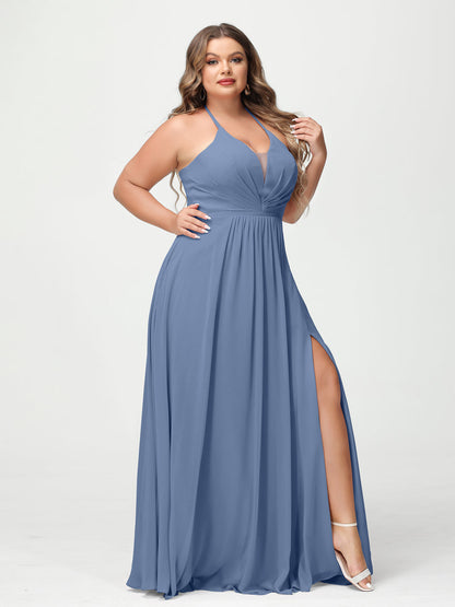 A-Line/Princess Halter Sleeveless Chiffon Ruched Split Side Plus Size Bridesmaid Dresses with Pockets