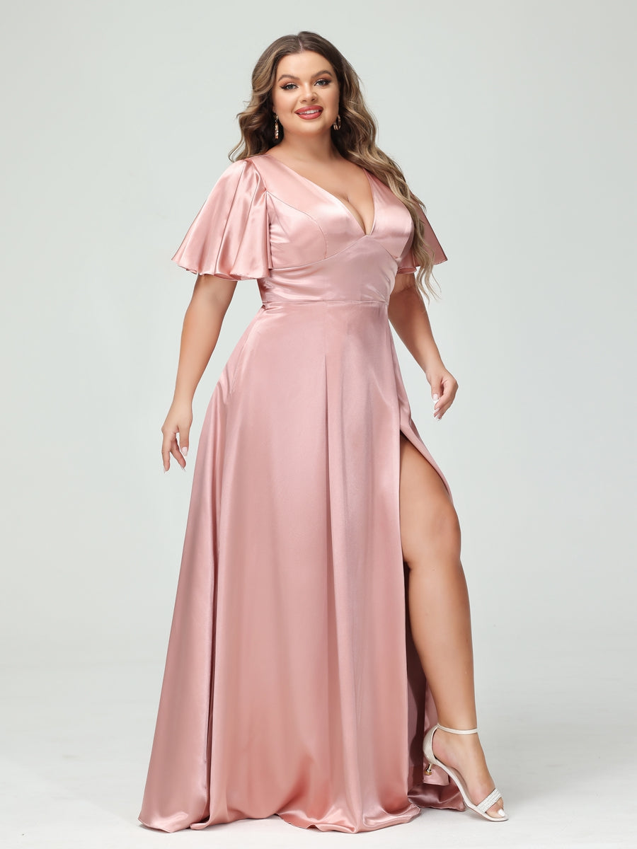 Plus size satin dresses with sleeves best sale