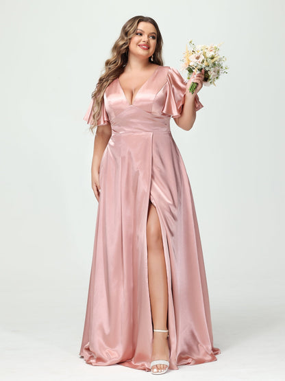 A-Line V-Neck Half Sleeves Silk Satin Plus Size Bridesmaid Dresses with Pockets