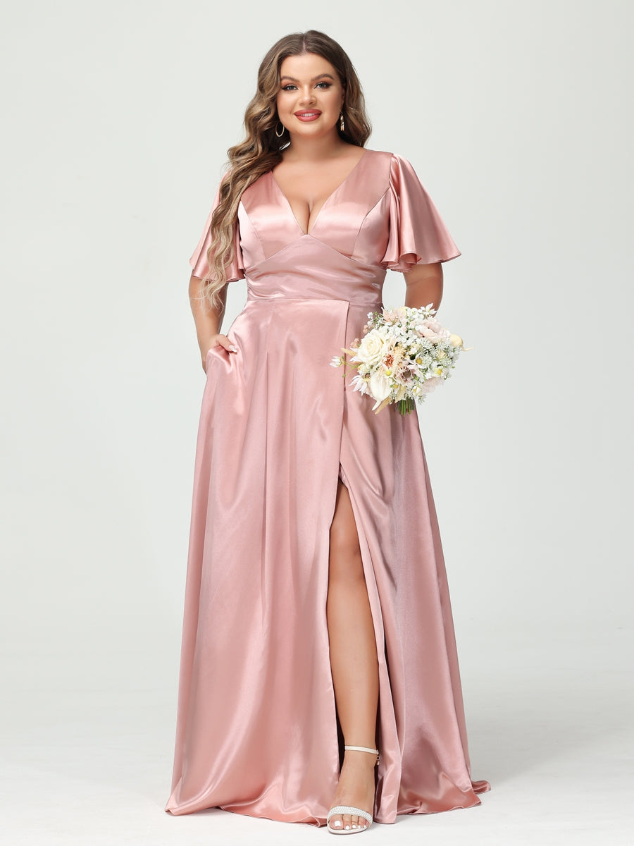 A-Line V-Neck Half Sleeves Silk Satin Plus Size Bridesmaid Dresses with Pockets