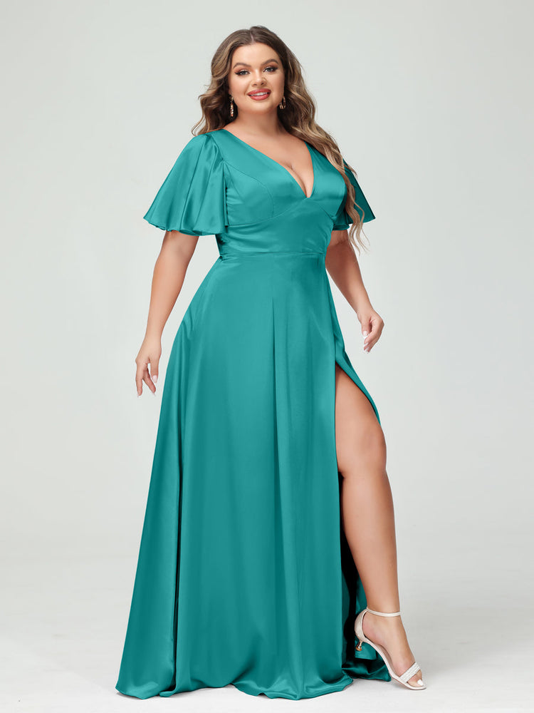 A Line V Neck Half Sleeves Silk Satin Plus Size Bridesmaid Dresses wit Lavetir