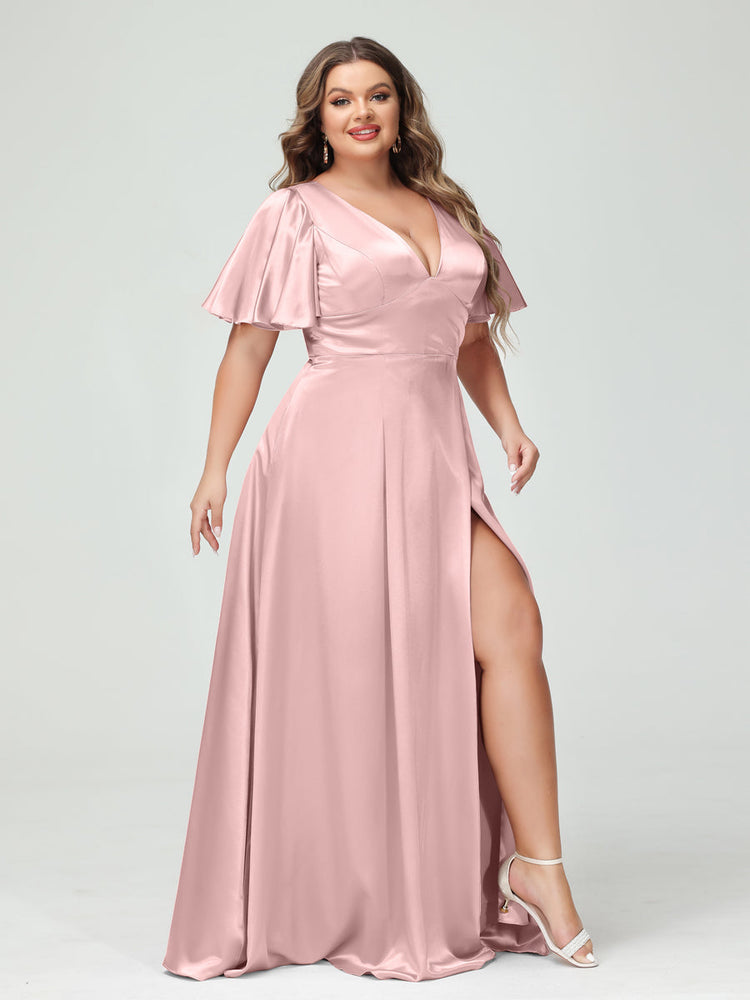 A Line V Neck Half Sleeves Silk Satin Plus Size Bridesmaid Dresses wit Lavetir