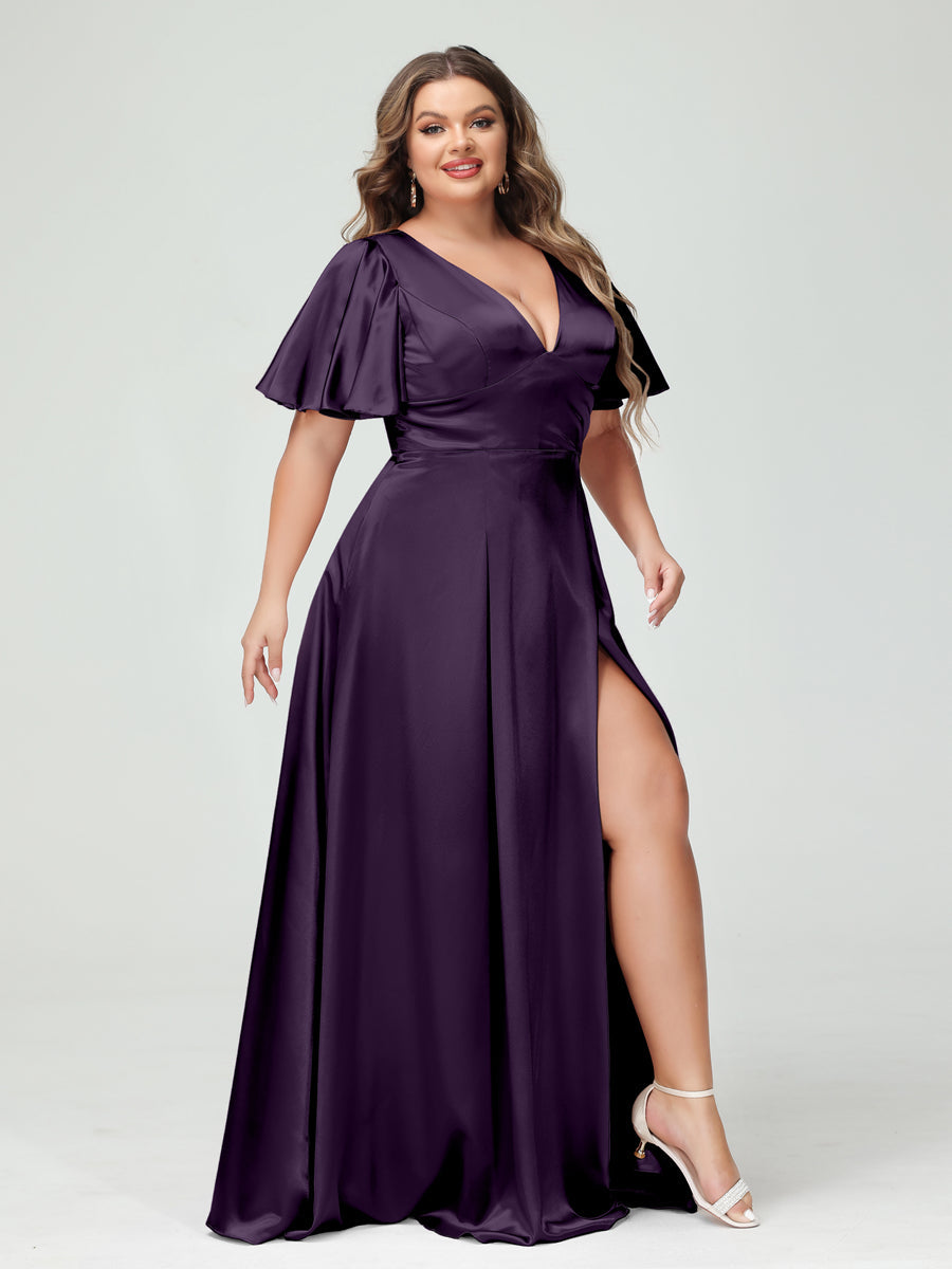 A-Line V-Neck Half Sleeves Silk Satin Plus Size Bridesmaid Dresses with Pockets