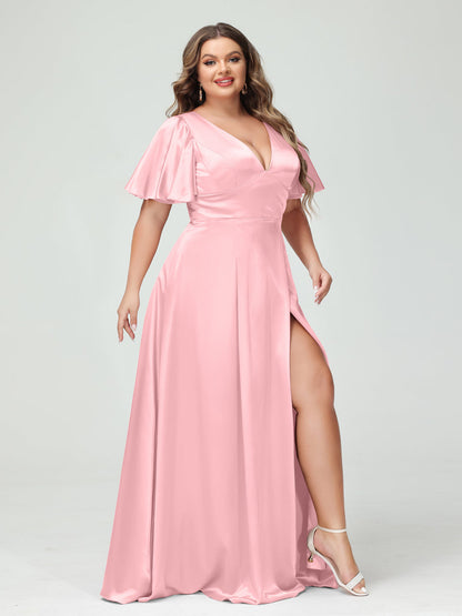 A-Line V-Neck Half Sleeves Silk Satin Plus Size Bridesmaid Dresses with Pockets