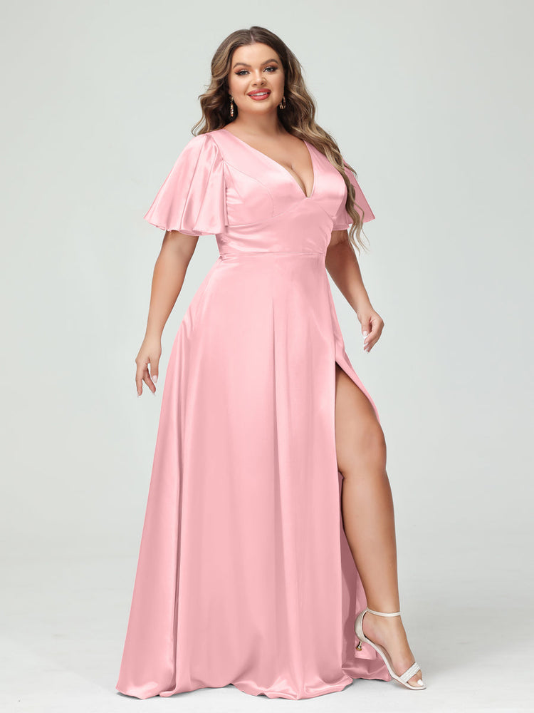 A-Line V-Neck Half Sleeves Silk Satin Plus Size Bridesmaid Dresses  wit-Lavetir