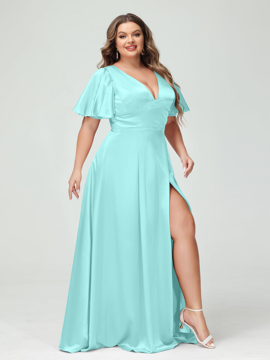 A-Line V-Neck Half Sleeves Silk Satin Plus Size Bridesmaid Dresses with Pockets