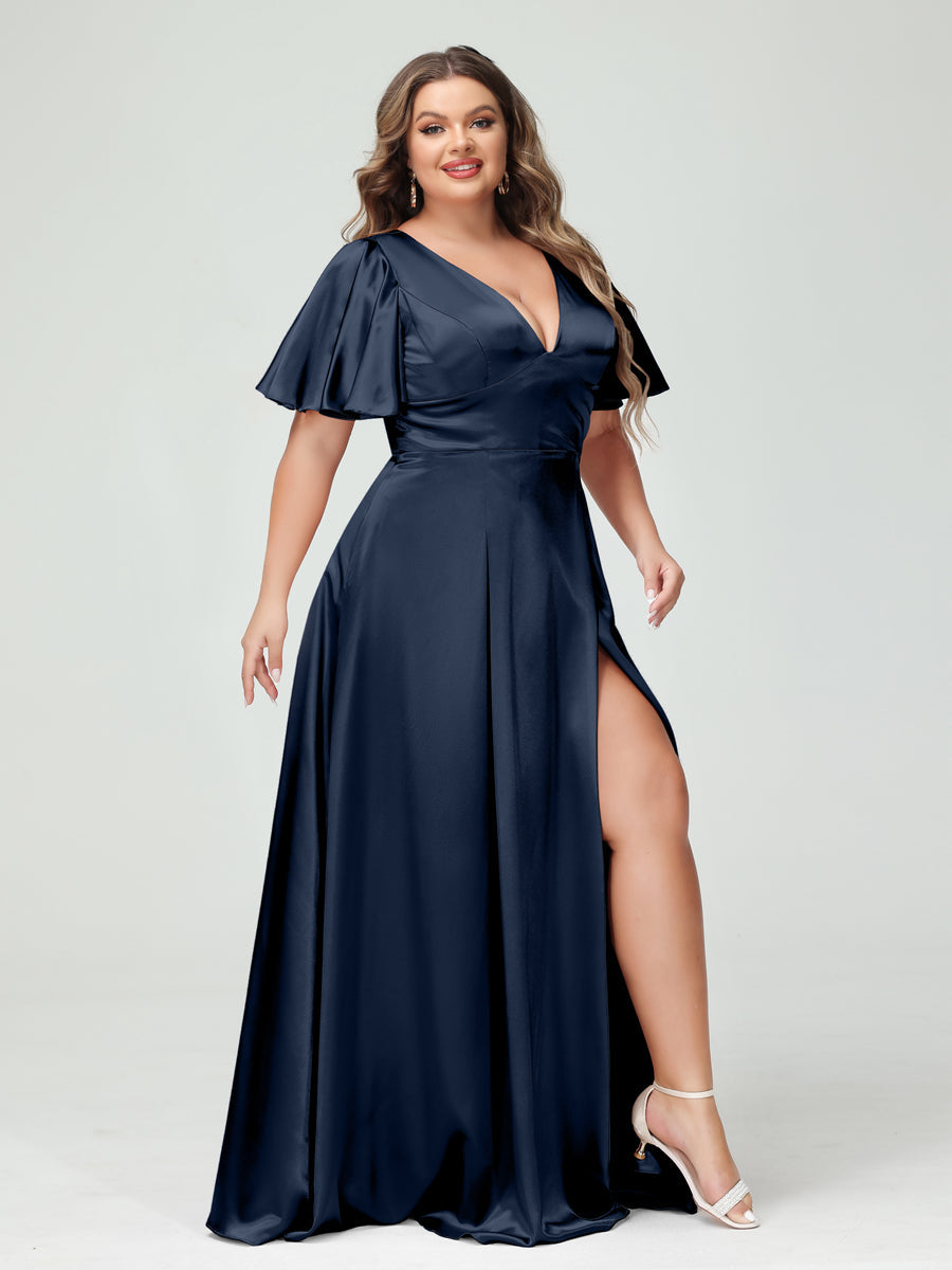 A-Line V-Neck Half Sleeves Silk Satin Plus Size Bridesmaid Dresses with Pockets