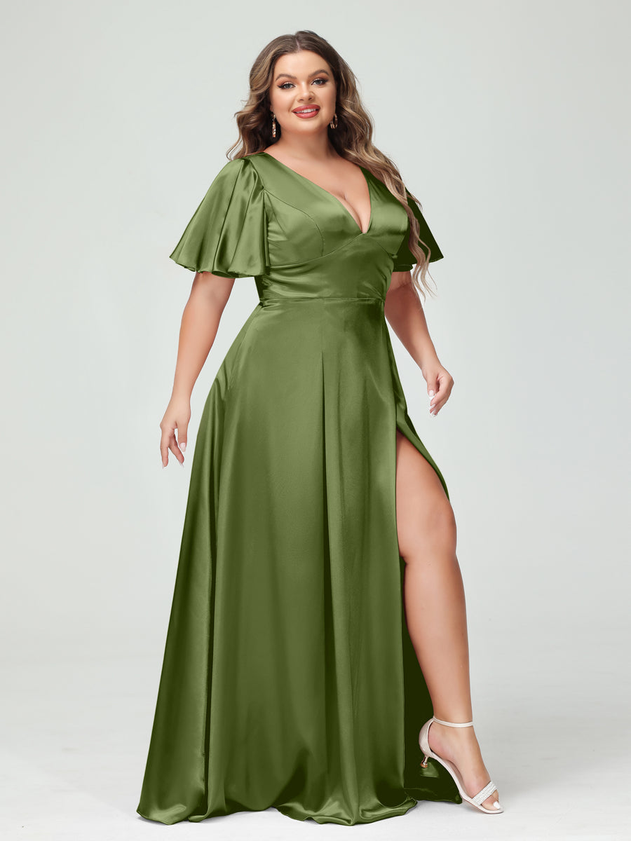 A-Line V-Neck Half Sleeves Silk Satin Plus Size Bridesmaid Dresses with Pockets