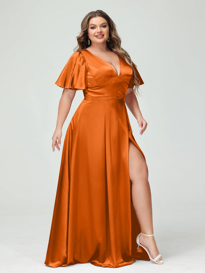 A-Line V-Neck Half Sleeves Silk Satin Plus Size Bridesmaid Dresses with Pockets