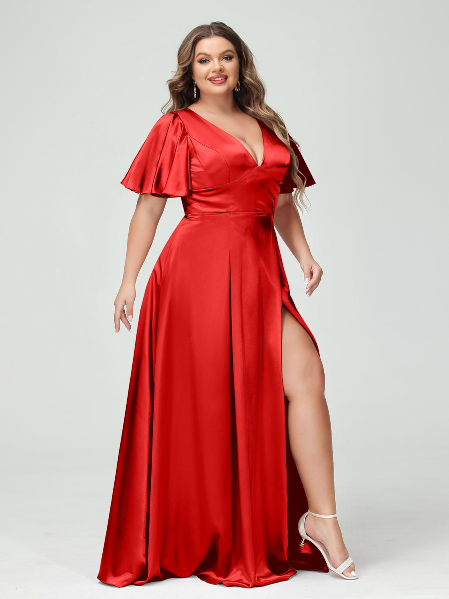 A-Line V-Neck Half Sleeves Silk Satin Plus Size Bridesmaid Dresses with Pockets