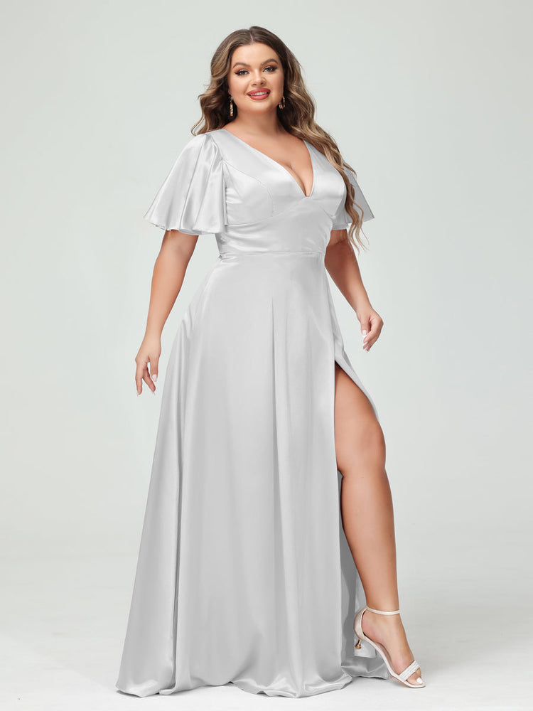 A-Line/Princess V-Neck Half Sleeves Chiffon Plus Size Bridesmaid  Dress-Lavetir