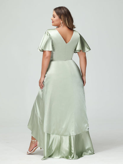 Sheath/Column V-Neck Short Sleeves Ruffles Asymmetrical Plus Size Dresses with Pockets & Sash