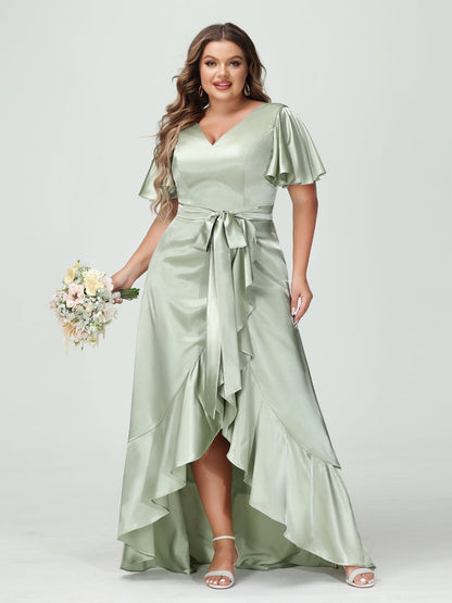 Sheath/Column V-Neck Short Sleeves Ruffles Asymmetrical Plus Size Dresses with Pockets & Sash