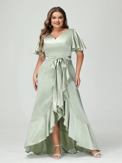 Sheath/Column V-Neck Short Sleeves Ruffles Asymmetrical Plus Size Dresses with Pockets & Sash