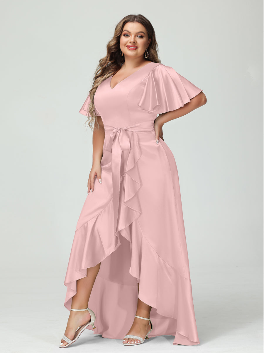 Sheath/Column V-Neck Short Sleeves Ruffles Asymmetrical Plus Size Dresses with Pockets & Sash