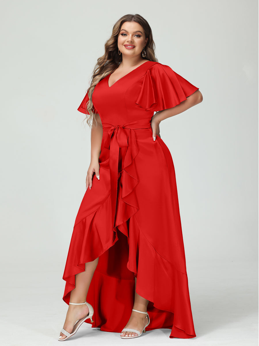 Sheath/Column V-Neck Short Sleeves Ruffles Asymmetrical Plus Size Dresses with Pockets & Sash