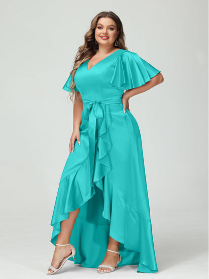 Sheath/Column V-Neck Short Sleeves Ruffles Asymmetrical Plus Size Dresses with Pockets & Sash