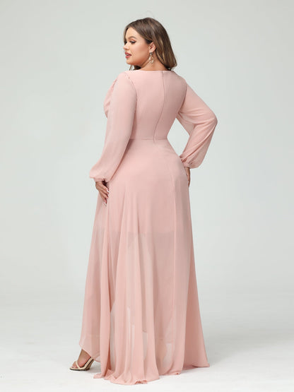 A-Line/Princess V-Neck Long Sleeves Chiffon Ruched Asymmetrical Plus Size Bridesmaid Dresses with Pockets