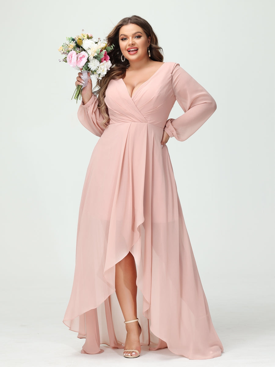 A-Line/Princess V-Neck Long Sleeves Chiffon Ruched Asymmetrical Plus Size Bridesmaid Dresses with Pockets