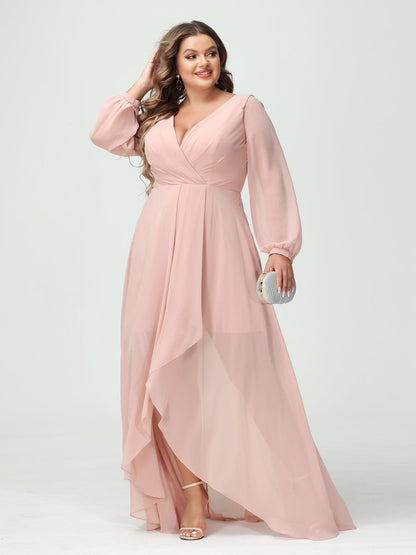 A-Line/Princess V-Neck Long Sleeves Chiffon Ruched Asymmetrical Plus Size Bridesmaid Dresses with Pockets