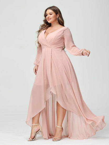 A-Line/Princess V-Neck Long Sleeves Chiffon Ruched Asymmetrical Plus Size Bridesmaid Dresses with Pockets