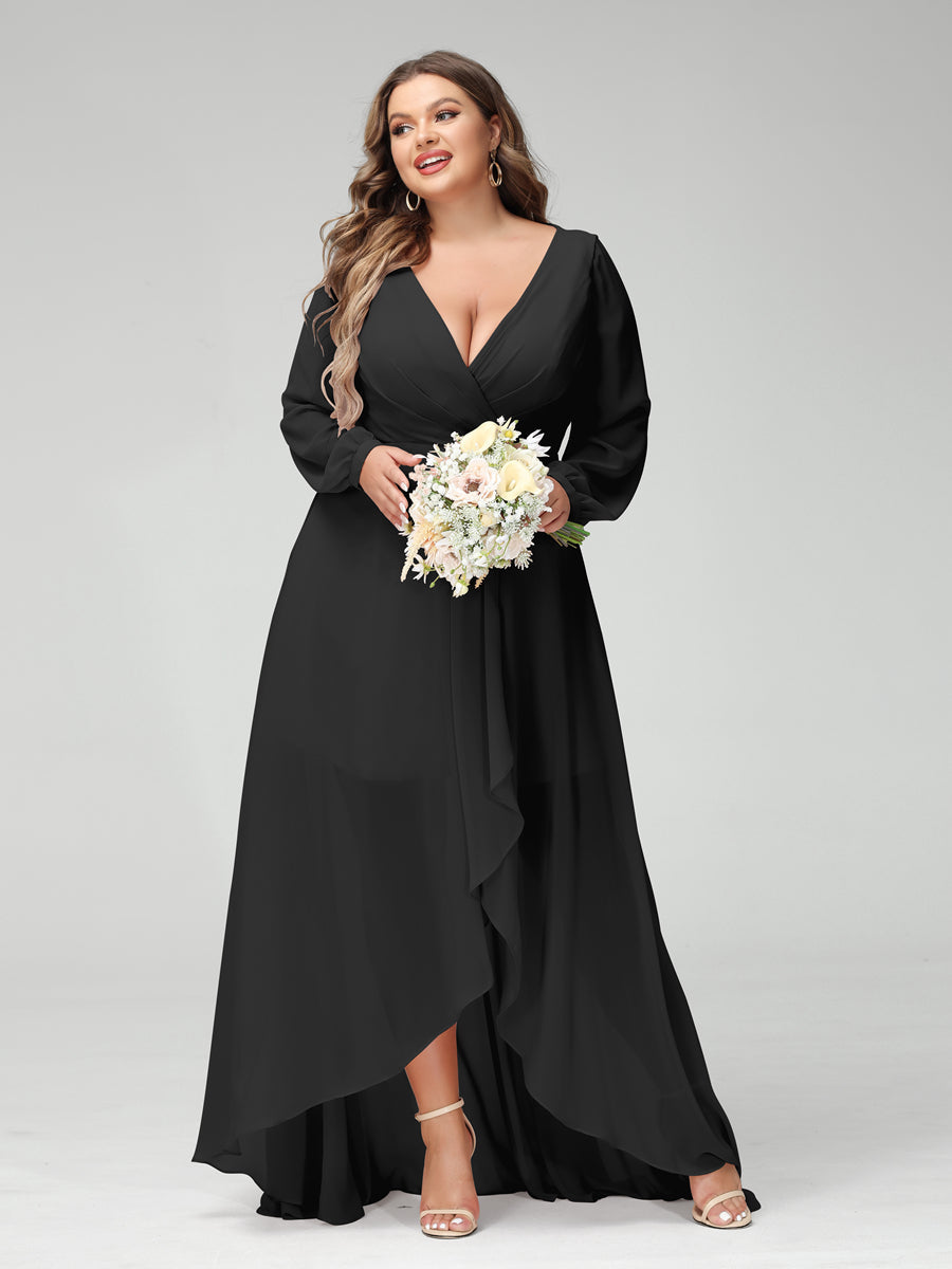 A-Line/Princess V-Neck Long Sleeves Chiffon Ruched Asymmetrical Plus Size Bridesmaid Dresses with Pockets