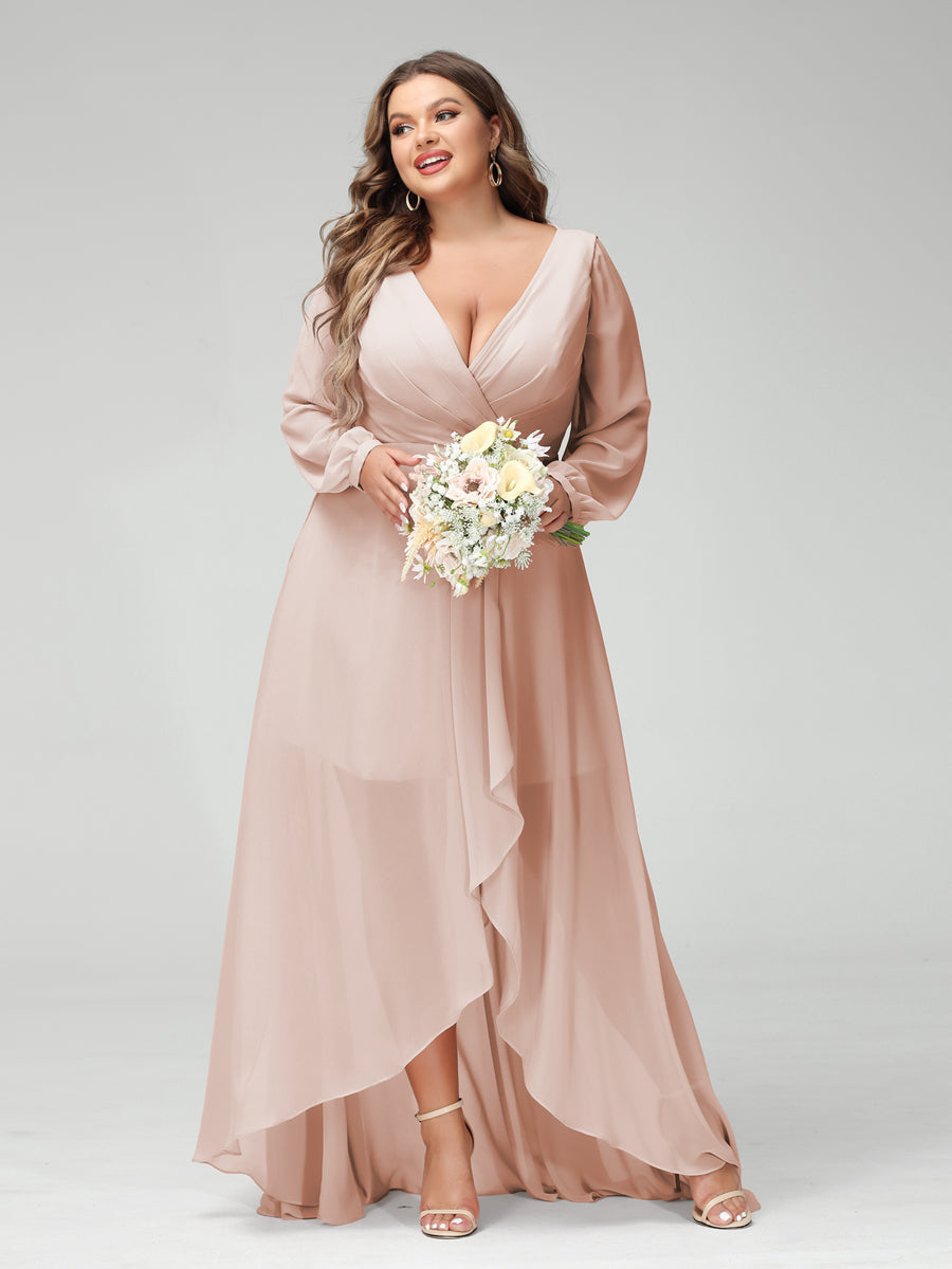 A-Line/Princess V-Neck Long Sleeves Chiffon Ruched Asymmetrical Plus Size Bridesmaid Dresses with Pockets