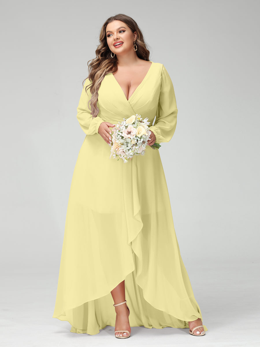 A-Line/Princess V-Neck Long Sleeves Chiffon Ruched Asymmetrical Plus Size Bridesmaid Dresses with Pockets