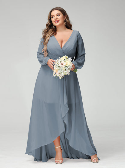 A-Line/Princess V-Neck Long Sleeves Chiffon Ruched Asymmetrical Plus Size Bridesmaid Dresses with Pockets