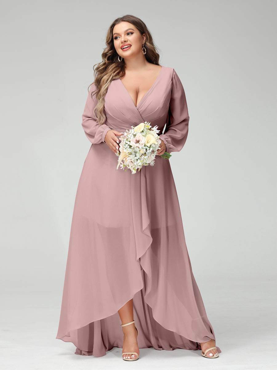 A-Line/Princess V-Neck Long Sleeves Chiffon Ruched Asymmetrical Plus Size Bridesmaid Dresses with Pockets