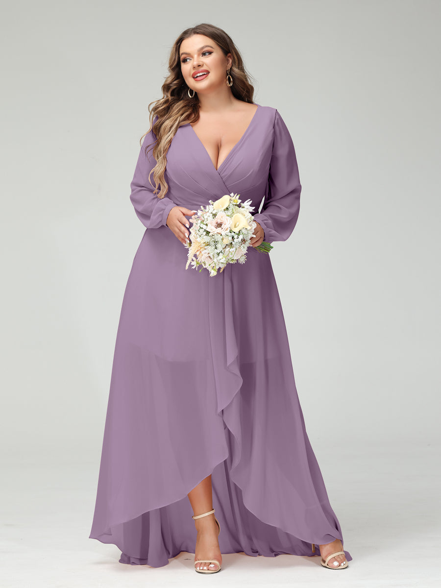 A-Line/Princess V-Neck Long Sleeves Chiffon Ruched Asymmetrical Plus Size Bridesmaid Dresses with Pockets