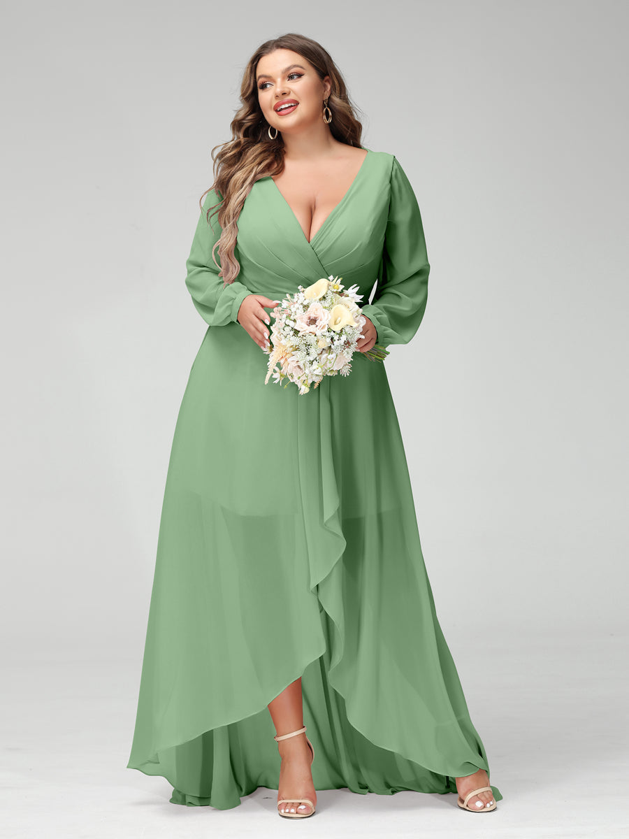 A-Line/Princess V-Neck Long Sleeves Chiffon Ruched Asymmetrical Plus Size Bridesmaid Dresses with Pockets