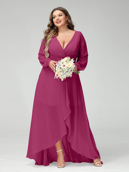 A-Line/Princess V-Neck Long Sleeves Chiffon Ruched Asymmetrical Plus Size Bridesmaid Dresses with Pockets