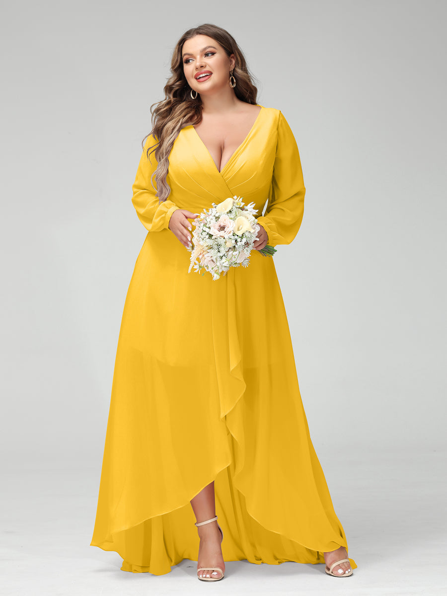 A-Line/Princess V-Neck Long Sleeves Chiffon Ruched Asymmetrical Plus Size Bridesmaid Dresses with Pockets