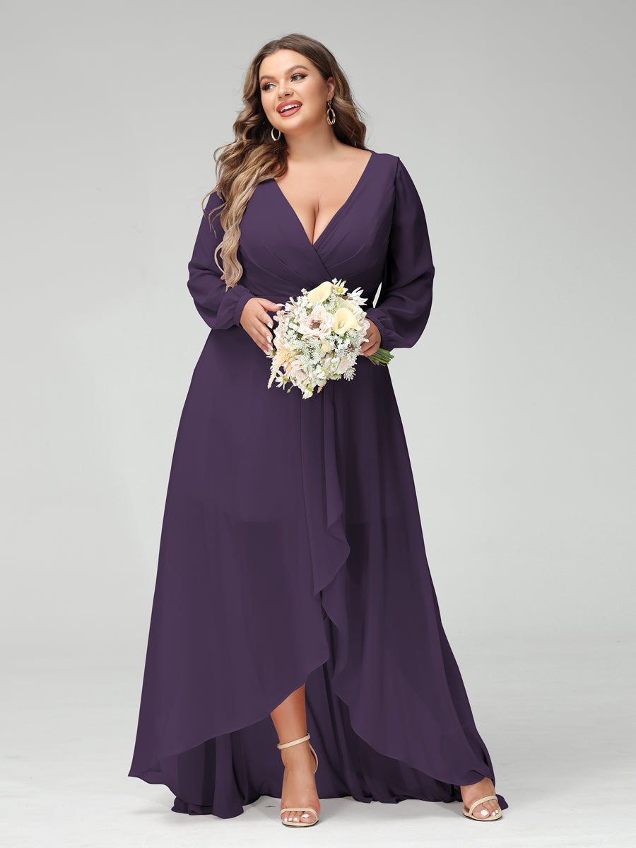 A-Line/Princess V-Neck Long Sleeves Chiffon Ruched Asymmetrical Plus Size Bridesmaid Dresses with Pockets