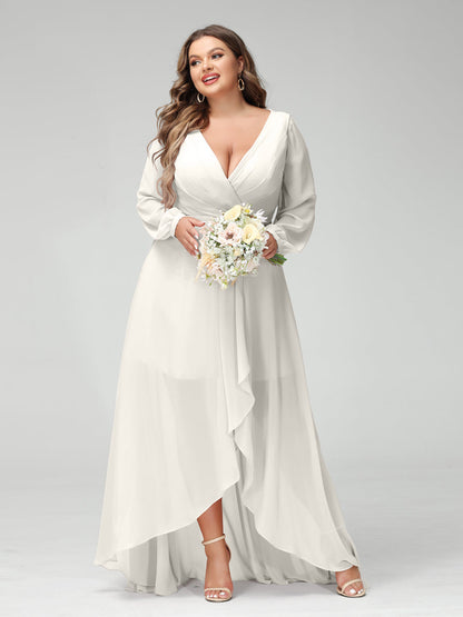 A-Line/Princess V-Neck Long Sleeves Chiffon Ruched Asymmetrical Plus Size Bridesmaid Dresses with Pockets