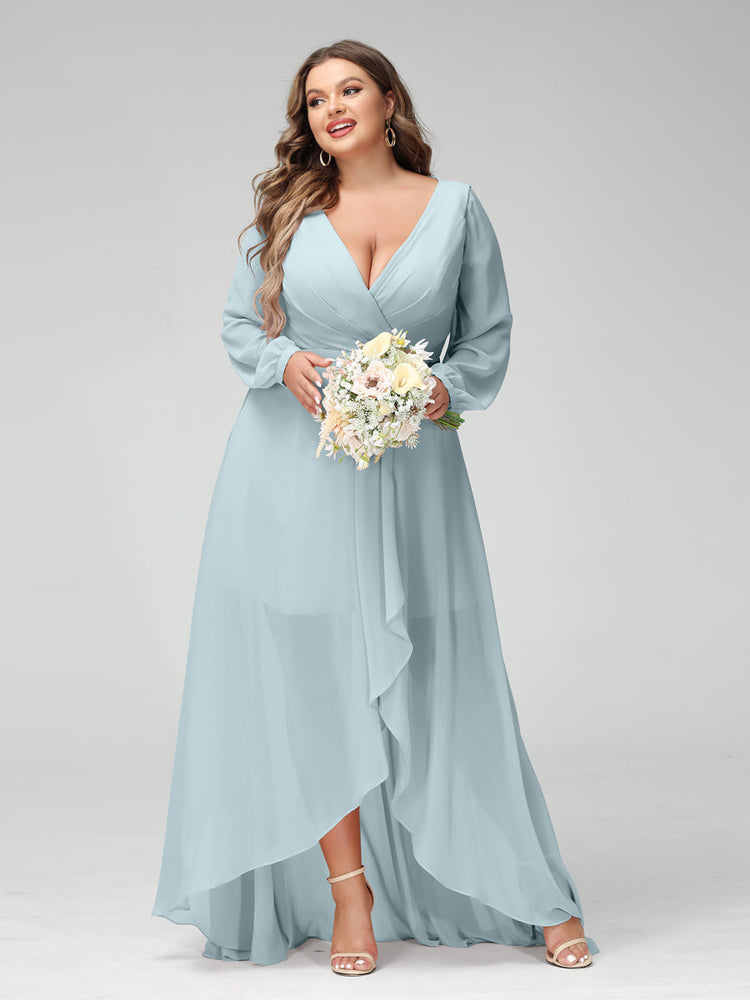 A-Line/Princess V-Neck Long Sleeves Chiffon Ruched Asymmetrical Plus  S-Lavetir