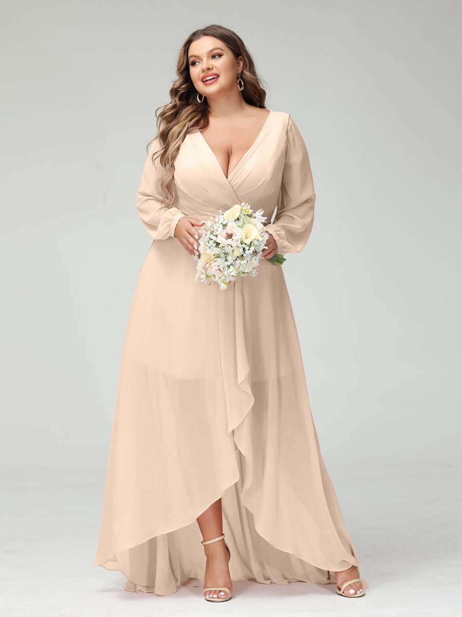 A-Line/Princess V-Neck Long Sleeves Chiffon Ruched Asymmetrical Plus Size Bridesmaid Dresses with Pockets