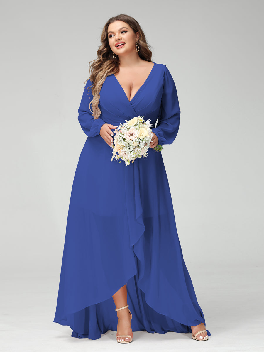 A-Line/Princess V-Neck Long Sleeves Chiffon Ruched Asymmetrical Plus Size Bridesmaid Dresses with Pockets