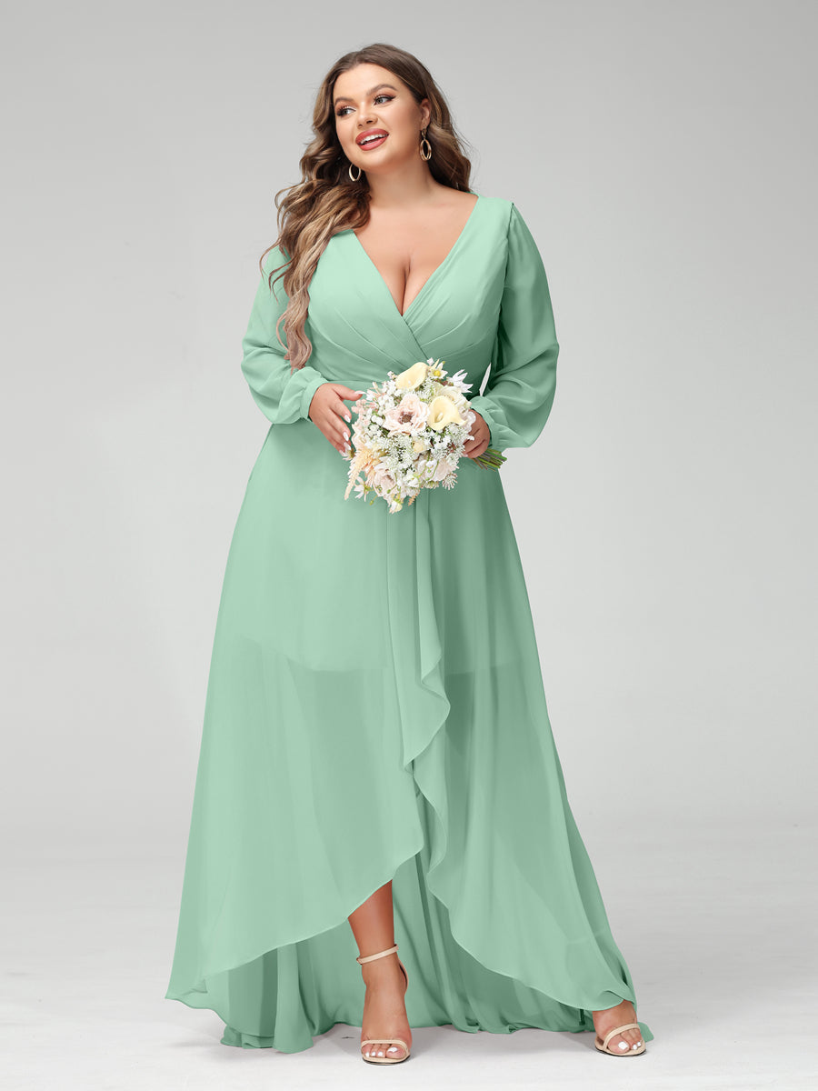 A-Line/Princess V-Neck Long Sleeves Chiffon Ruched Asymmetrical Plus Size Bridesmaid Dresses with Pockets